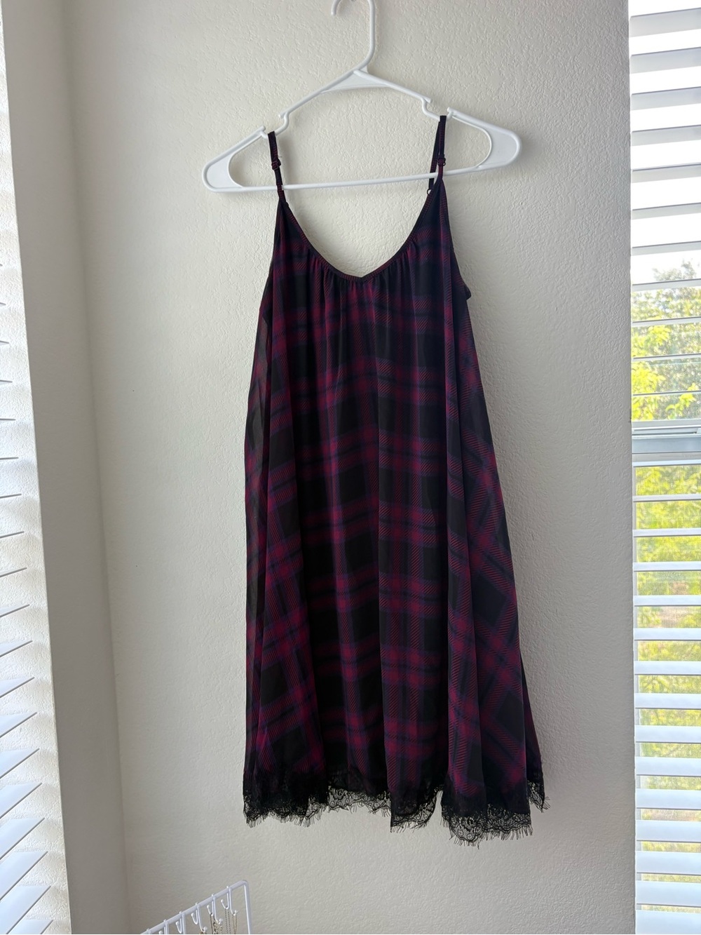EXPRESS Burgundy & Black Plaid Lace-Trim Slip